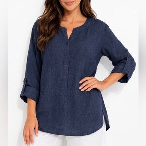 Eileen Fisher Dark Blue 100% Linen Long Sleeve Roll-Tab Buttoned Tunic Top Large